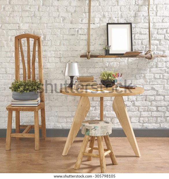 Work Table Brick Wall Decoration Wooden Stock Image Download Now