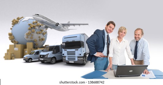 Work Team Around A Computer In An International Transportation Context