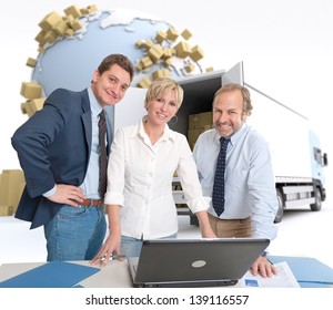 Work Team Around A Computer In An International Transportation Context