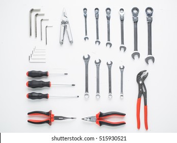 Work tools organized on table. Flat lay of various hand tool equipment. Knolling concept