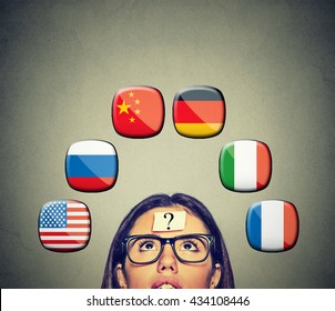 Work and travel immigration opportunity concept. Foreign language studying process. Woman with question mark and many icons of international flags above head isolated on gray wall background.