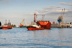 The Work Of Tugboats In The Port, Assistance For The Incoming Ship, Port Of Gdansk, Gdansk, Poland