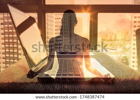 At work wellbeing, focus, mind and concentration concept.  Stress free work environment. Peaceful office setting. Double exposure 