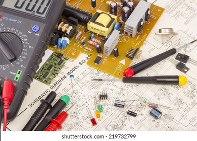 Workbench For Electronics Repair, Multimeter, Electronic Components, Electronic Board, Screwdrivers, Transistors, Integrated Circuits, Capacitors, All On Electronic Diagram Background