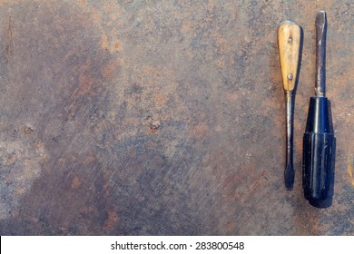 Workbench Metal Table With Old Tools. Top View With Copy Space. Toned