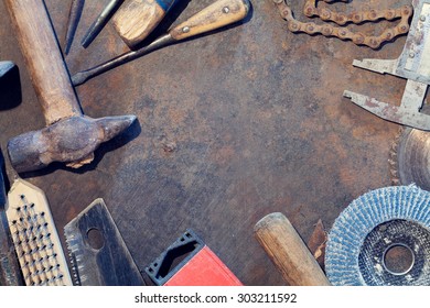 Workbench Metal Table With Old Tools. Top View With Copy Space