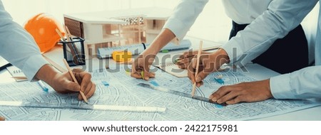 Worker, architect and engineer work on real estate construction project oratory planning with cartography and cadastral map of urban town area to guide to construction developer business plan of city