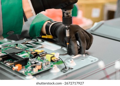 Worker assembling electronic components in a television manufacturing plant during daytime operations