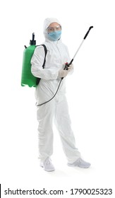 Worker In Biohazard Suit And With Disinfectant On White Background