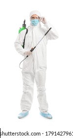 Worker In Biohazard Suit And With Disinfectant On White Background