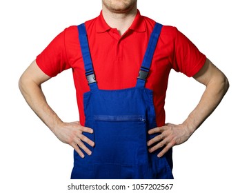 Worker In Blue Overalls And Red Polo Shirt Isolated On White Background