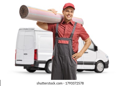 Worker From A Carpet Cleaning Company With A Van Isolated On White Background