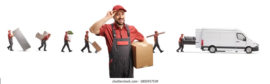 Worker Carrying A Box And Greeting And Men Putting Household Items In A White Van Isolated On White Background