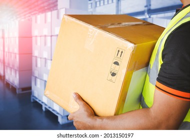 Worker is Carrying Package Box at The Storage Warehouse. Packaging, Delivery Parcel Boxes. Warehouse Store.