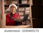 Worker checking inventory using Laptop Computer. Young female Santa Claus working in a warehouse with rows of shelves with parcels and orders ready for shipment. Copy space