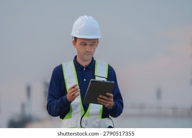 Worker checking plans and safety protocols at construction site industrial environment professional viewpoint