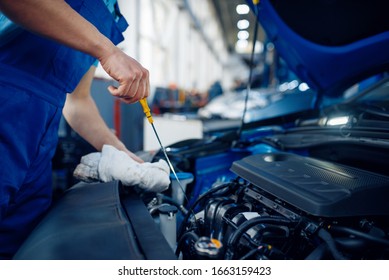 Worker Checks The Engine Oil Level, Car Service