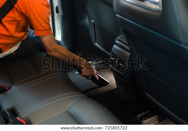 Worker Cleaning Interior Car Vacuum Cleaner Stock Photo