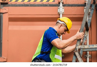 Worker climbing the ladder, Technician going up stairs working on container box - Powered by Shutterstock