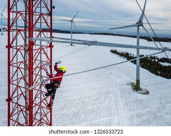 Worker Climbing Up On Red Industrial Construction Use Safety Harness, Irata Worker, Rope Access