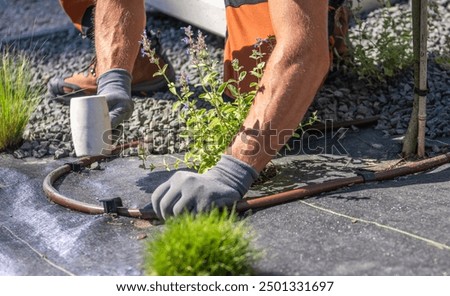A worker is connecting components of an irrigation system while tending to plants in a garden area.