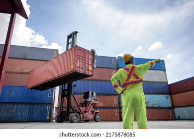 Worker Control Container Loading From Cargo Ship For Export Import Container Control Industrial Cargo Ship, Engineer Dock Worker Wear Safety Uniform Check Control Loading Freight Cargo Container