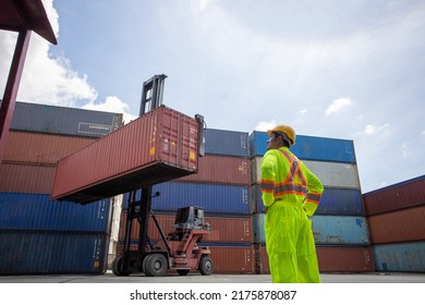 Worker Control Container Loading From Cargo Ship For Export Import Container Control Industrial Cargo Ship, Engineer Dock Worker Wear Safety Uniform Check Control Loading Freight Cargo Container