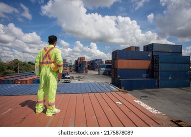 Worker Control Container Loading From Cargo Ship For Export Import Container Control Industrial Cargo Ship, Engineer Dock Worker Wear Safety Uniform Check Control Loading Freight Cargo Container