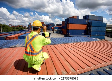 Worker Control Container Loading From Cargo Ship For Export Import Container Control Industrial Cargo Ship, Engineer Dock Worker Wear Safety Uniform Check Control Loading Freight Cargo Container