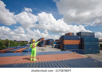 Worker Control Container Loading From Cargo Ship For Export Import Container Control Industrial Cargo Ship, Engineer Dock Worker Wear Safety Uniform Check Control Loading Freight Cargo Container