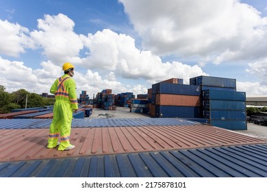 Worker Control Container Loading From Cargo Ship For Export Import Container Control Industrial Cargo Ship, Engineer Dock Worker Wear Safety Uniform Check Control Loading Freight Cargo Container