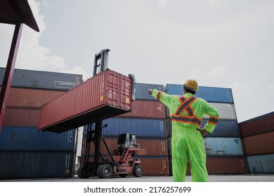 Worker Control Container Loading From Cargo Ship For Export Import Container Control Industrial Cargo Ship, Engineer Dock Worker Wear Safety Uniform Check Control Loading Freight Cargo Container