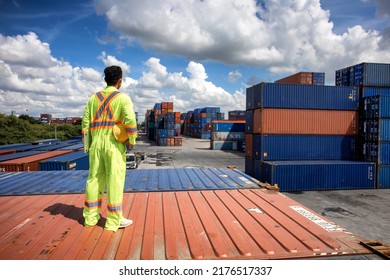 Worker Control Container Loading From Cargo Ship For Export Import Container Control Industrial Cargo Ship, Engineer Dock Worker Wear Safety Uniform Check Control Loading Freight Cargo Container