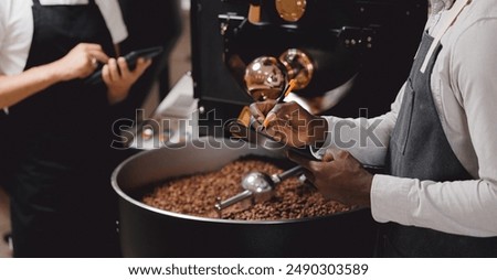 Worker control quality of roasting coffee beans, banner.