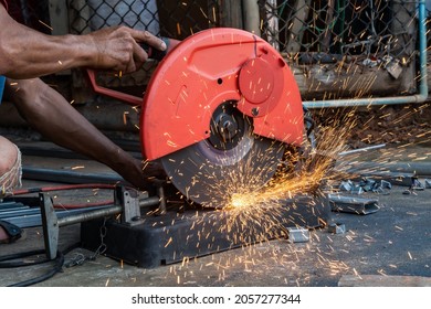 Worker Cut Steel With Cut Off Wheel Saw, Cutting Wheels.