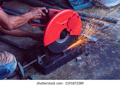 Worker Cut Steel With Cut Off Wheel Saw, Cutting Wheels.