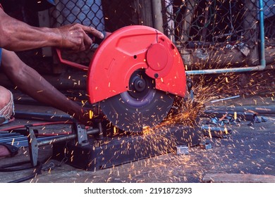 Worker Cut Steel With Cut Off Wheel Saw, Cutting Wheels.