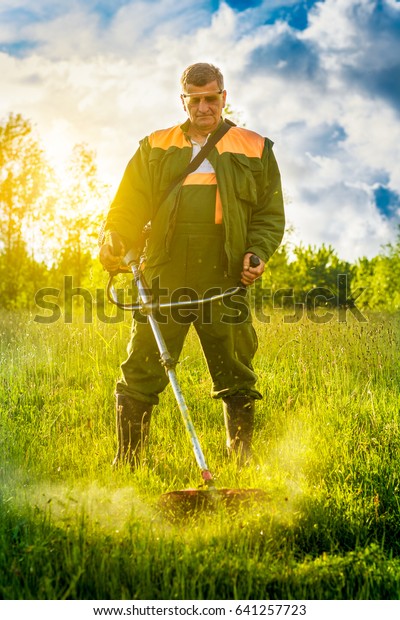 worker\
cutting grass in garden with the weed\
trimmer