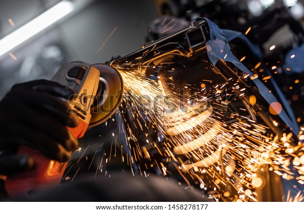 Worker Cutting Grinding Polishing Motorcycle Metal Stock Photo (Edit