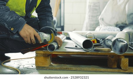 Worker cutting metal pipe with angle grinder in workshop. A worker uses an angle grinder to cut through metal pipes, creating a shower of sparks. - Powered by Shutterstock