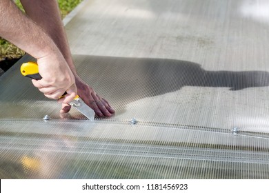 Worker cutting polycarbonate with knife. Building greenhouse 