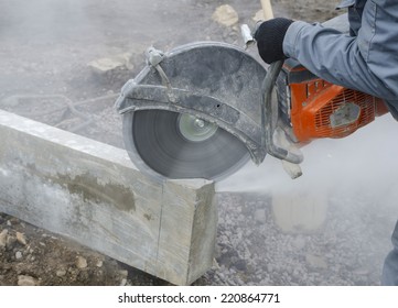Worker Cutting Stone Block By Cutter Machine.