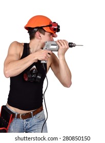 Worker With Drill On A White Background