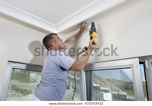 Worker Drilling Hole Ceiling Stock Photo Edit Now 473593933