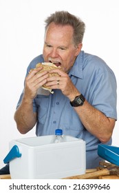 Worker Eating Lunch Blue Collar Worker Eats Lunch From His Lunch Box