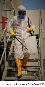 Worker Effort To Prevent The Spread Of The Covid-19 Virus. Spraying Of Disinfectants Into The Work Area. Power Plant Location In Ternate Island, North Maluku, East Of Indonesia. August 20, 2020