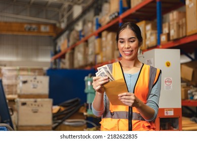 Worker employee recieve salary with working overtime bonus money payday work in factory warehouse