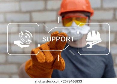 Worker or engineer using virtual touch screen presses the word SUPPORT. Concept of technical support service call center 24 7 internet industry business professional consulting.