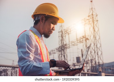 Worker Engineer work outdoor by computer laptop technology