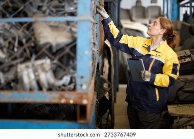 Worker examines metallic scrap inside a factory